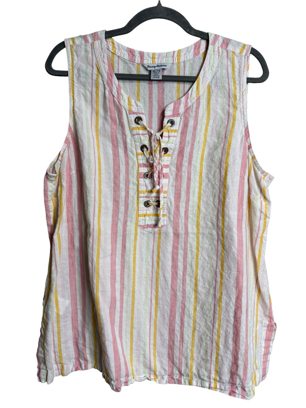 Tommy Bahama Linen Pink, Yellow & White Striped Lace-Up Tank